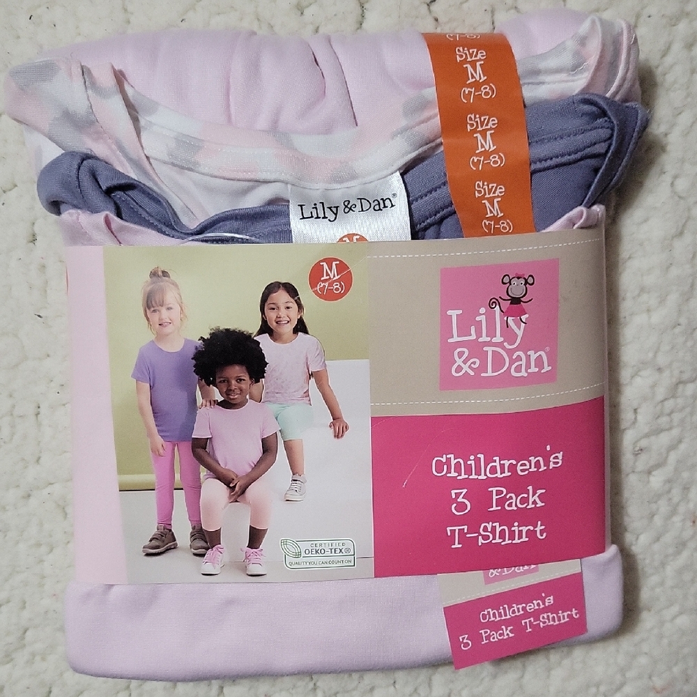 Lily & Dan Kids Short Sleeve T-Shirts - 3 Pack - Pink, Purple, White